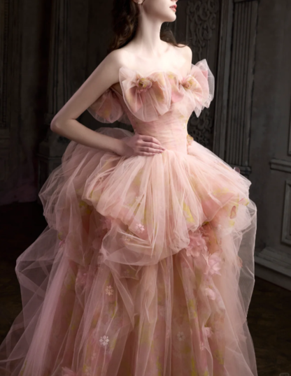 Pretty Pink Floral Tulle Long Birthday Prom Dress Strapless Party Gowns SP2096