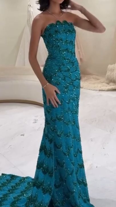 Luxurious Peacock Blue Strapless Satin Sequin Beaded Mermaid Long Prom Dress Evening Dress SP620