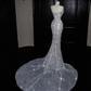 Sparkly Strapless Tulle Sequins Tassel Evening Dress,Slit Mermaid Prom Dress Wedding Dress Y8674