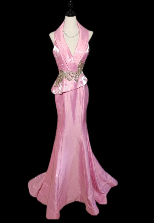 Cute V Neck Pink Satin Beaded Mermaid Party Dress Long Wedding Guest Dress SP508