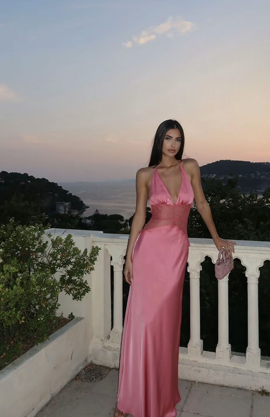 Simple V Neck Spaghetti Straps Satin Long Party Dress Formal Wedding Guest Dress SP503