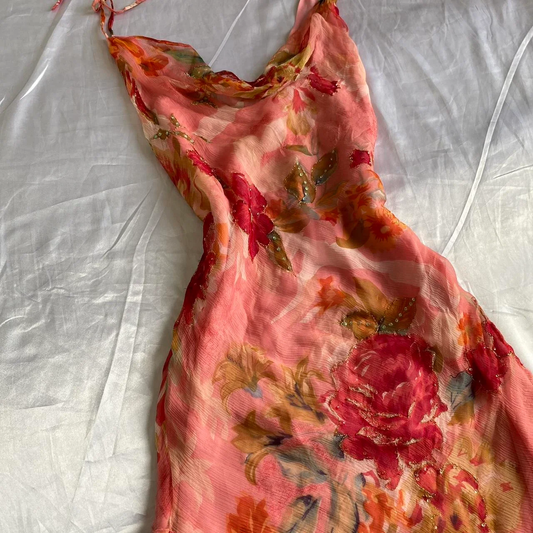 Pretty Spaghetti Straps Chiffon Printed Floral Beaded Long Party Dress Formal Evening Gown Y9740