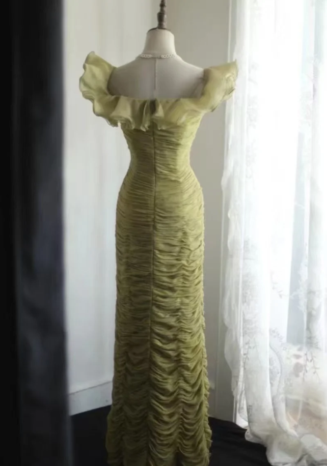 Elegant Green Off The Shoulder Chiffon Pleated Sheath Long Prom Dress Evening Gown SP1025