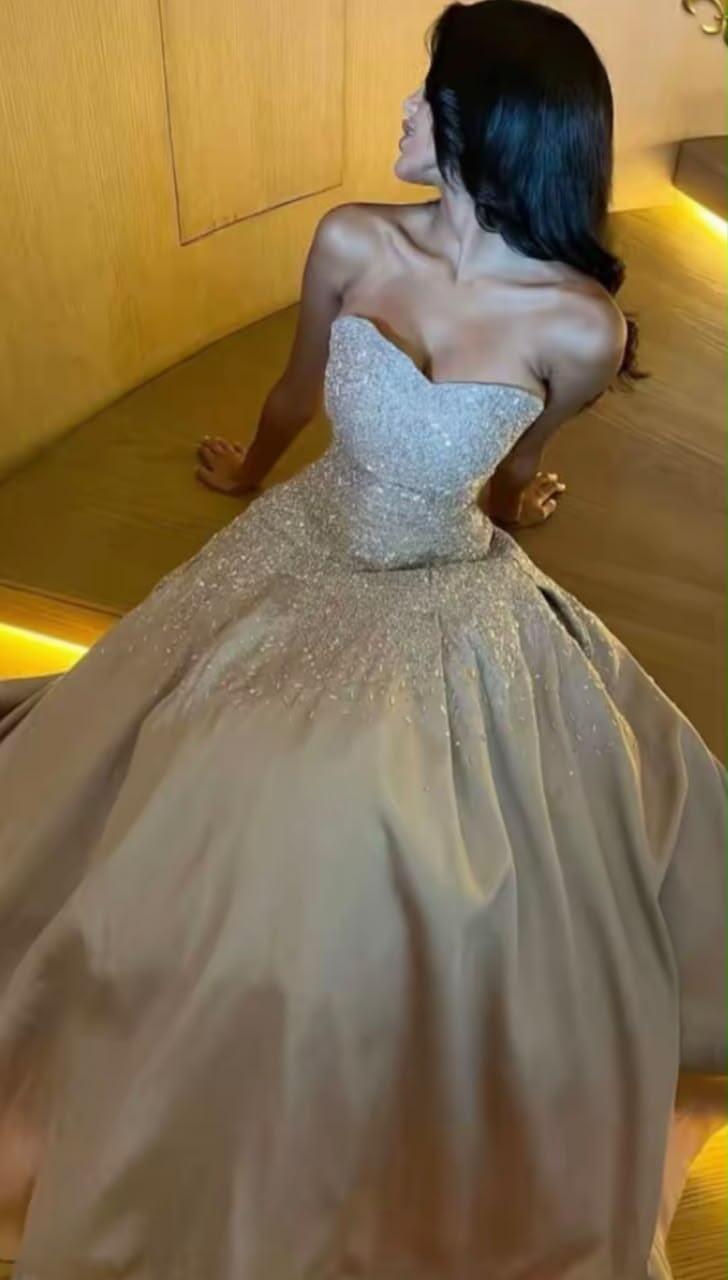 Shiny Ivory Strapless Satin Sequin Long Party Dress Prom Dress SP3285