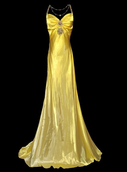 Pretty Yellow Satin Beaded Mermaid Evening Dress Backless Long Birthday Prom Dress SP475