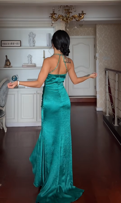 Elegant V Neck Green Satin Beaded Mermaid Long Party Dress Formal Birthday Dress SP2158
