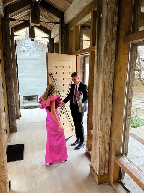 Square Neck Flutter Sleeve Hot Pink Long Prom Dress Evening Dress With Split  Y2981