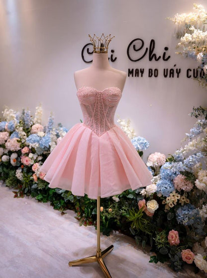 Glitter Pink Sweetheart Neck Tulle Beaded A Line Short Birthday Outfits Homecoming Dress With Bow SP3465