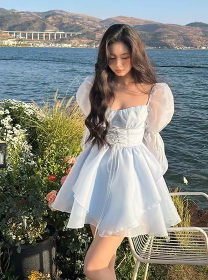 Blue A-line Princess Dress,Blue Long Sleeves Homecoming Dress,Blue Fairy Dress Y6083