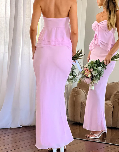 Classy Pink Sweetheart Neck Chiffon Ruffle Evening Dress Cute Prom Dress Y8323
