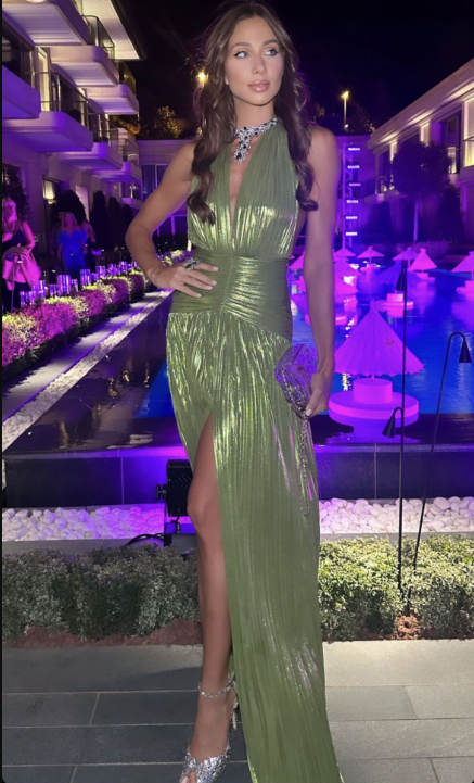Sexy Green Halter Deep V Satin Pleated Slit Long Party Dress Wedding Guest Dress SP504