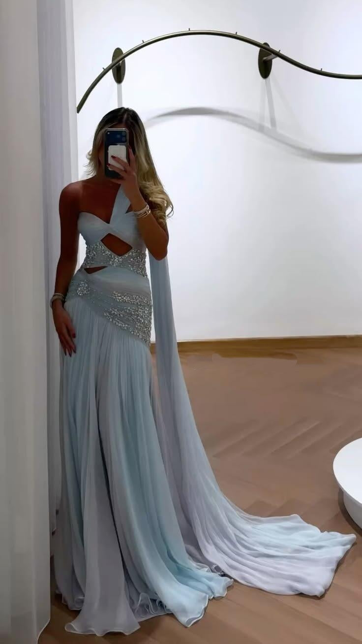 Pretty Blue Chiffon Beaded  Long Party Dress One Shoulder Prom Dress SP4158