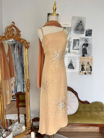 Vintage Spaghetti Straps Peach Hue Satin Sequin Beaded Party Dress Prom Dress With Flowing Scarf SP631