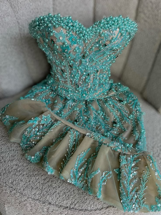Unique Green Strapless Tulle Sequin Beaded Short Cocktail Dress,Formal 7th Grade Homecoming Dress SP3060