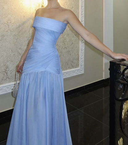 Classy Strapless Chiffon Pleated Mermaid Formal Guest Dress Light Blue Long Party Dress SP450