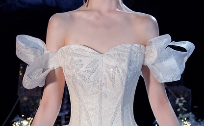 Fairy Romantic Off Shoulder White Wedding Dress Sweep Train Y6878