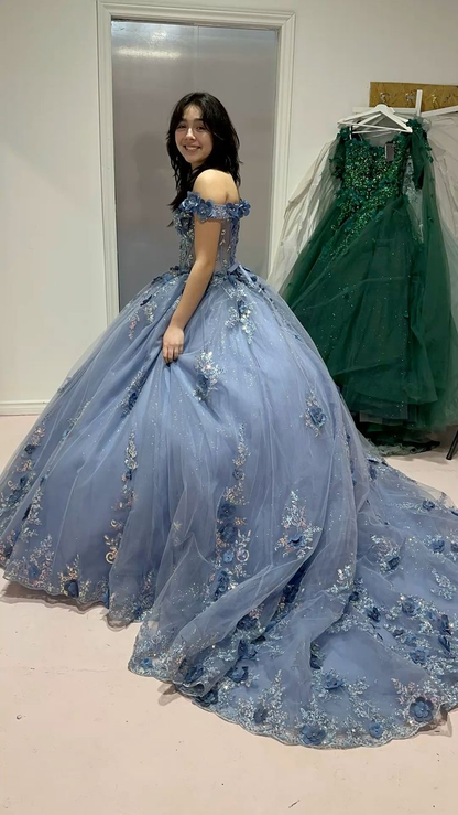 Charming Off The Shoulder Blue Tulle Sequin Floral Quinceanera Dress Sweet 16 Dress SP4286