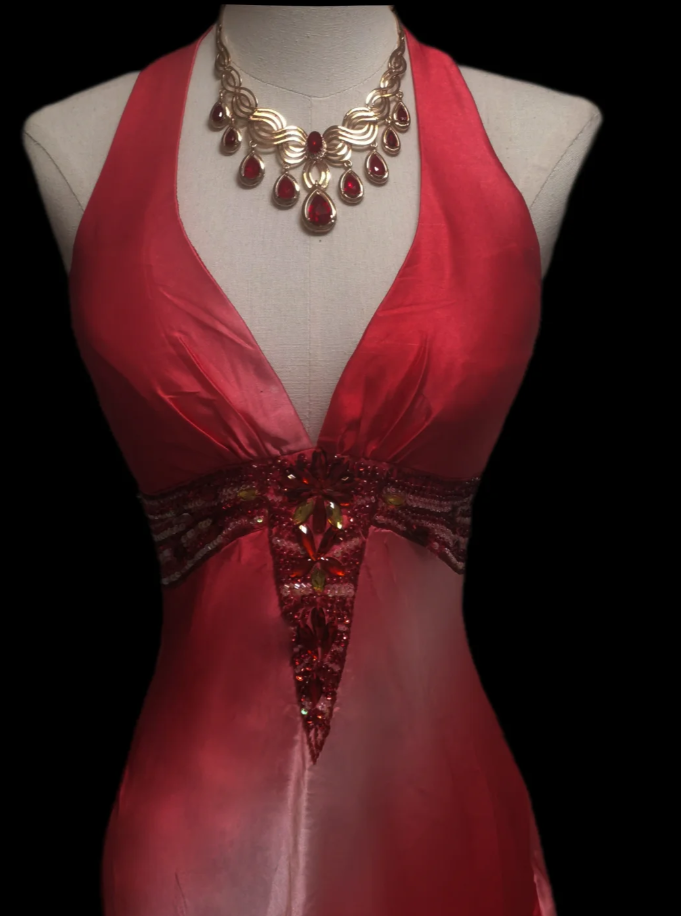 Pretty Ombre Pink V Neck Satin Beaded Sheath Long Prom Gown Formal Evening Dress SP649