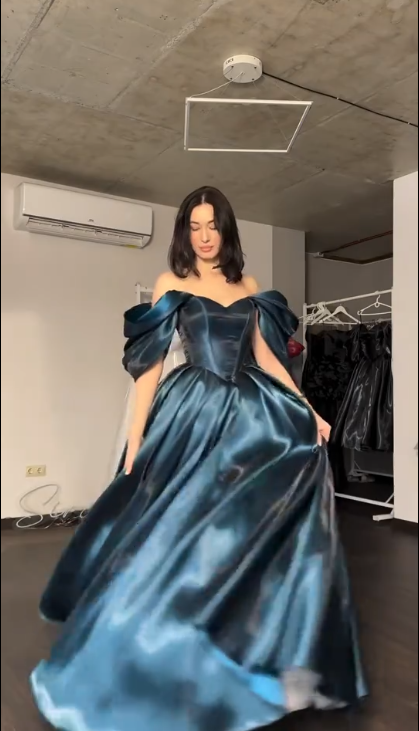 Elegant Off The Shoulder Ball Gown Blue Satin Long Party Dress Birthday Dress SP2144