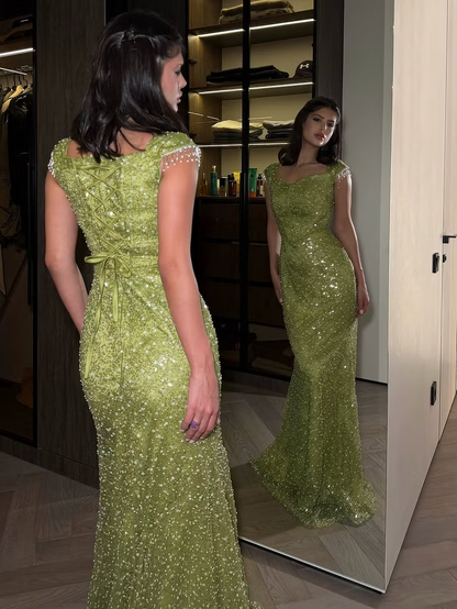 Charming Green Sequin Strapless Mermaid Long Party Dress Prom Dress With Beadings SP3631