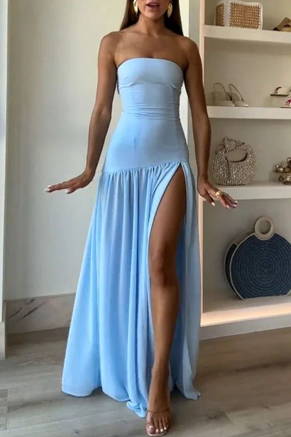 Elegant Strapless Blue Pleated Slit Evening Dress Formal Prom Dress  Y7772