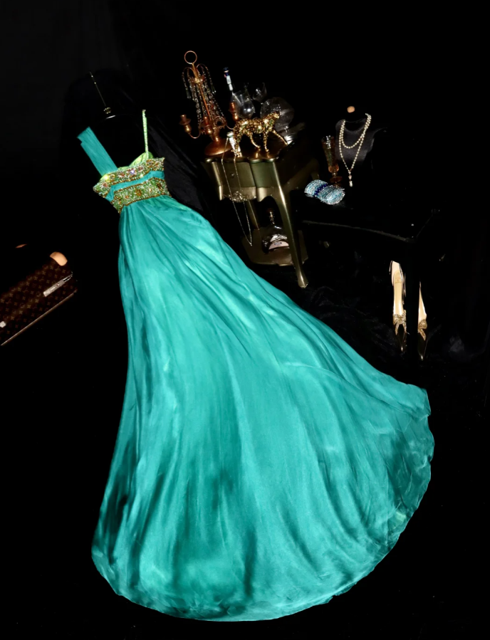 Unique Spaghetti Straps Green Satin Beaded Long Evening Dress Prom Gown SP1065