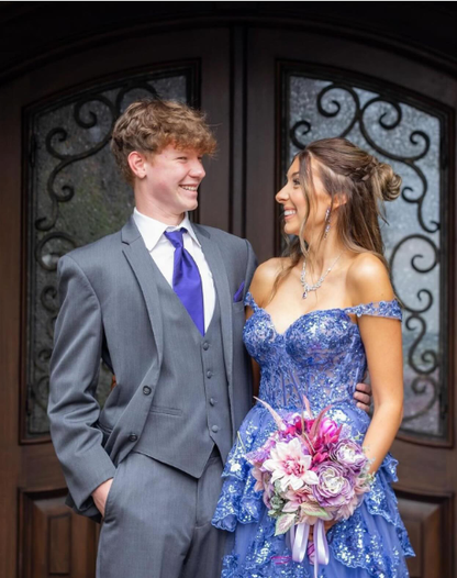 Charming Off The Shoulder Blue Tulle Sequin Layered Mermaid Long Wedding Guest Dress Formal Birthday Evening Gown SP1098