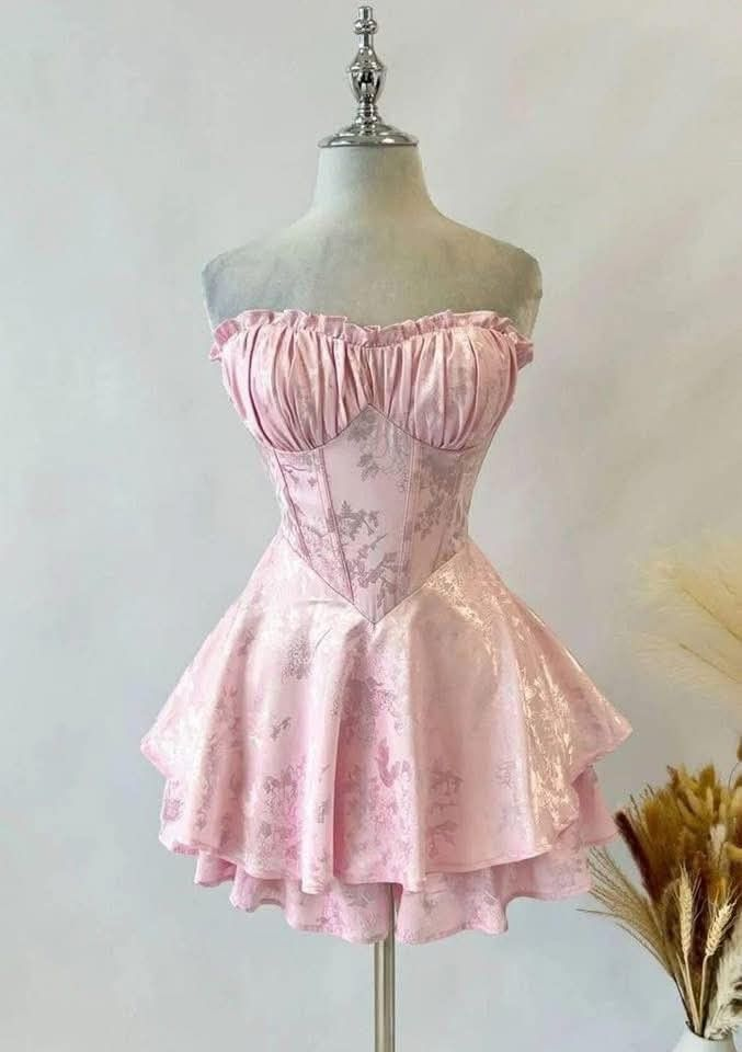 Cute Strapless Pink Satin Print Floral A Line Short Formal Homecoming Dress Birthday Outfits Y9509
