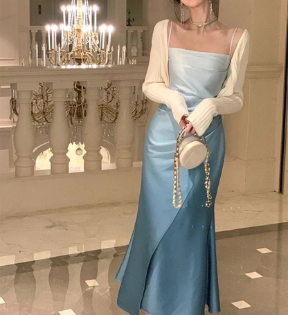 Elegant Sheath Straps Blue Prom Dresses Formal Dress Y7363