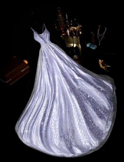 Elegant Spaghetti Straps Lilac Organza Sequin Mermaid Evening Dress Long Prom Gown SP779