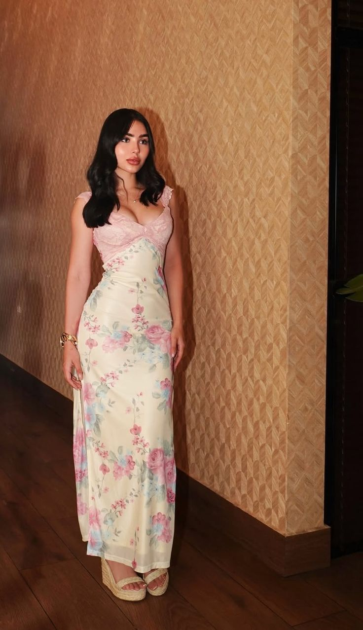 Pretty V Neck Lace Chiffon Printed Floral Long Wedding Guest Dress Evening Dress SP1135