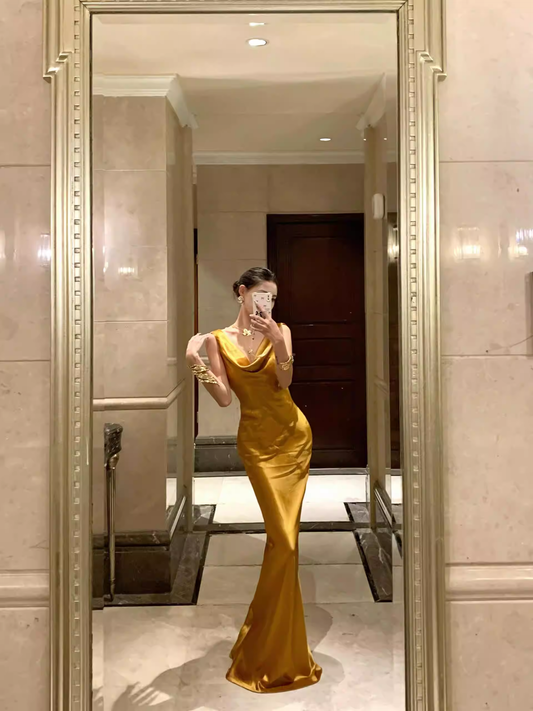Stylish Gold Satin Mermaid Backless Long Evening Dress Formal 20th Birthday Outfits SP2030