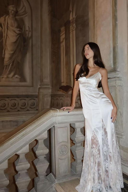 Classy Spaghetti Straps White V Neck Satin Lace Mermaid Party Dress Long Prom Dress SP1003