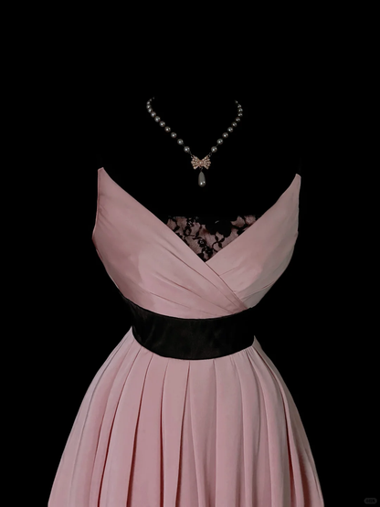 Pretty Pink Satin Pleated Lace Long Party Dress Long Wedding Guest Dress SP4041