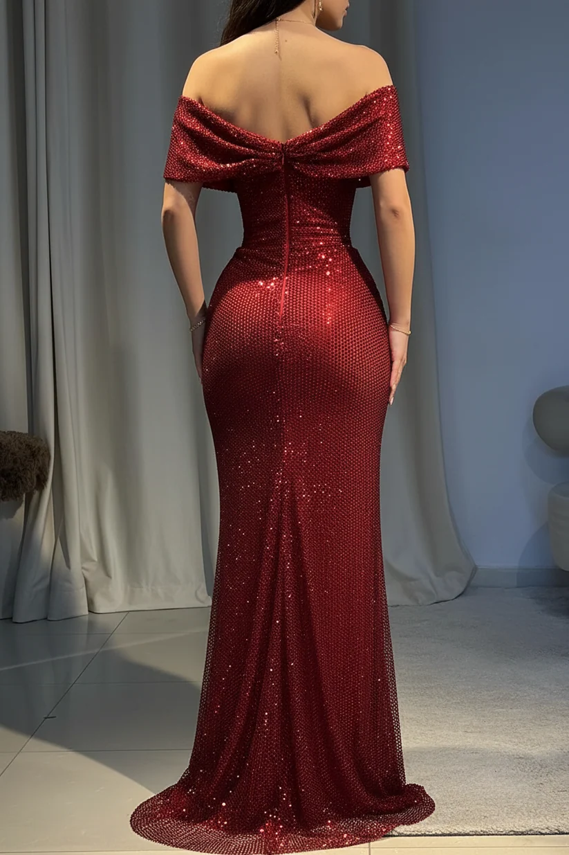 Pretty Off-Shoulder Burgundy Sequin Pleated Slit Mermaid Long Party Dress SP4208