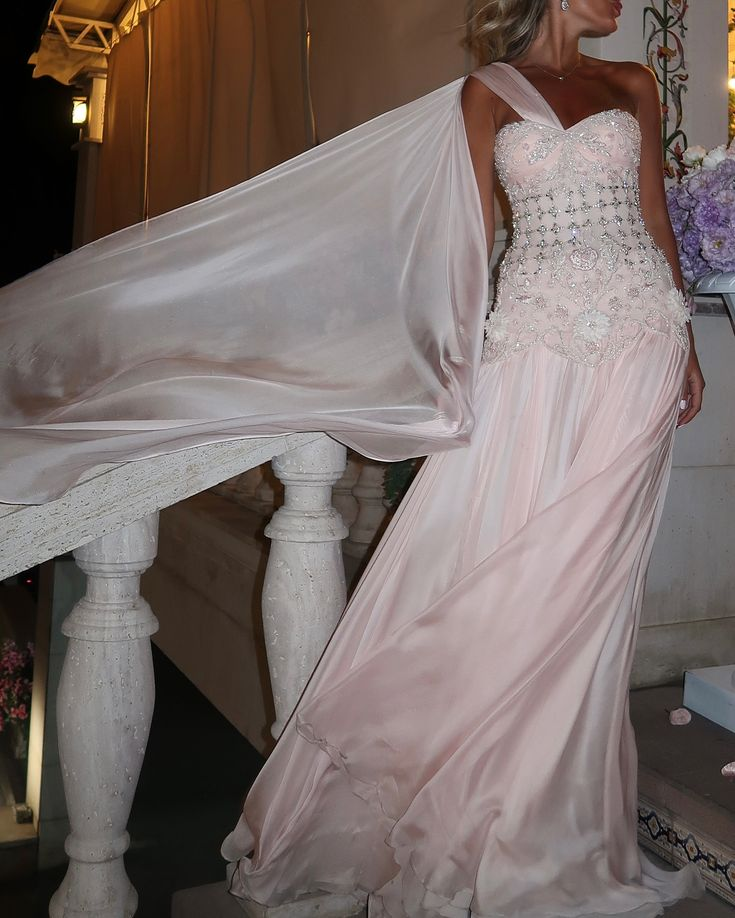 Gorgeous Pink One Shoulder Chiffon Beaded Appliques Mermaid Prom Dress Long Party Dress SP540