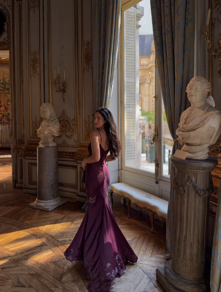 Vintage Purple Spaghetti Straps V Neck Satin Beaded Appliques Mermaid Evening Dress Long Prom Dress SP841