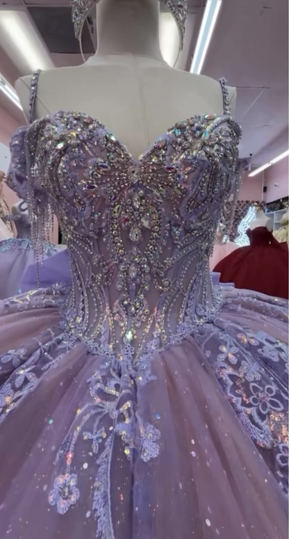 Glamorous Pink-purple Tulle Sequin Beaded Quinceanera Dress Sweet 15/16 Dress With Bow SP4295