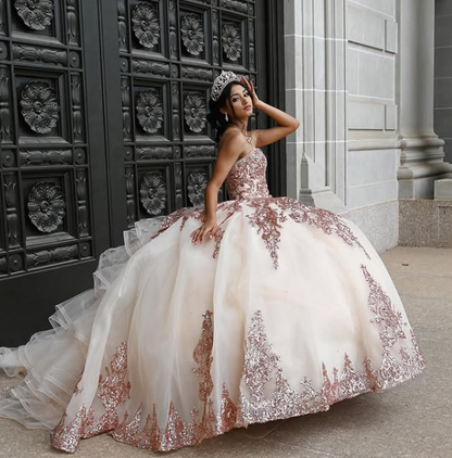 Rose Gold Sweetheart Puffy Princess Ball Gown Sweet 16 Dress Beaded Applique Quinceanera Dresses Y827