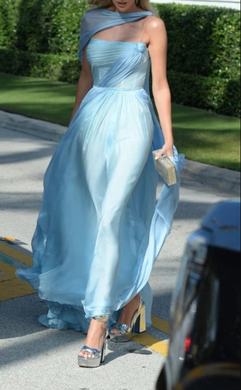Elegant Blue Chiffon A Line Long Party Dress,Spaghetti Straps Long Wedding Guest Dress SP3339