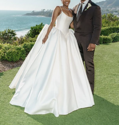 Classy Spaghetti Straps White Satin Long Wedding Dress SP1053