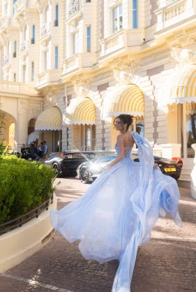 Pretty One Shoulder Tulle Satin Beaded Blue A Line Long Party Dress Evening Gowns SP4277