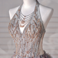 Glamorous Halter Purple Tulle Flowers Beaded Prom Dress,A Line Evening Dress Wedding Dress Y8625
