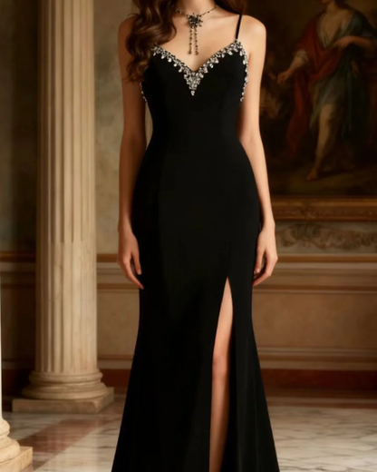 Elegant Spaghetti Straps Black V Neck Satin Beaded Slit Birthday Party Dress Prom Gown SP750