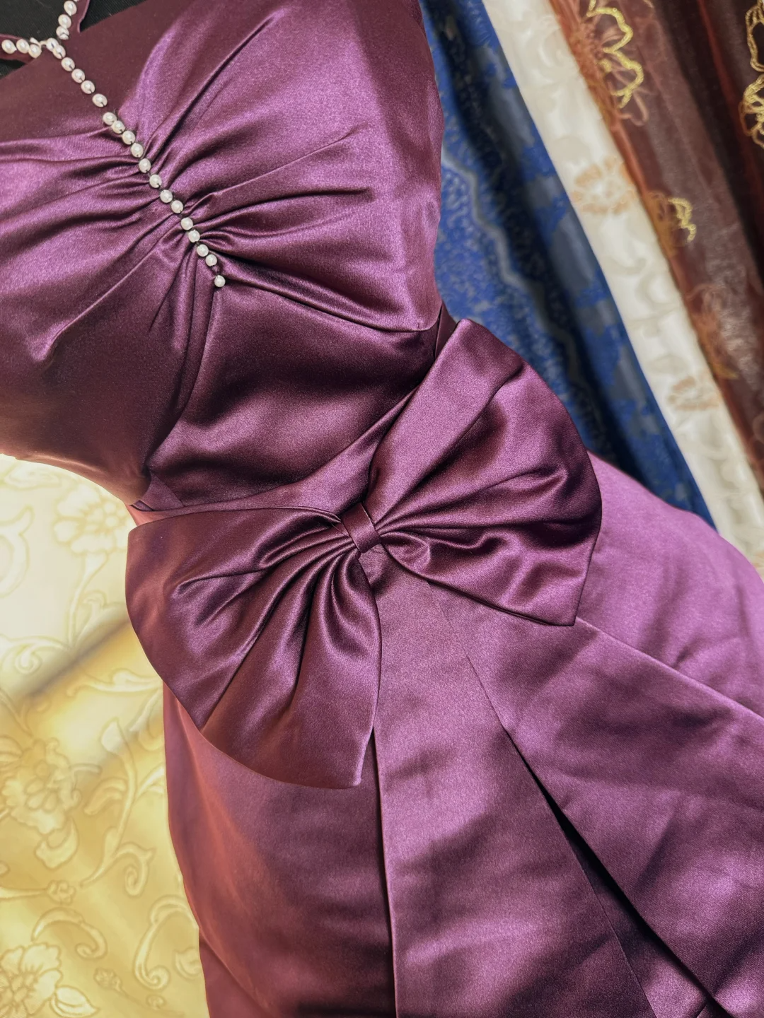 Vintage Purple Satin Bow Pleated Short Homecoming Dress Cocktail Dress With Beads SP2191