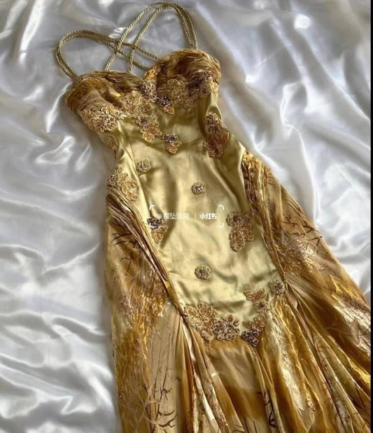 Gorgeous Gold Spaghetti Straps Mermaid Appliqued Party Dress Evening Dress Y8914