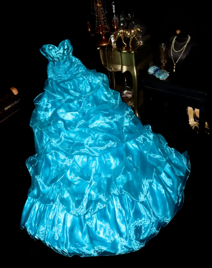 Classy Blue Strapless Organza Satin Beaded Mermaid Evening Dress Long Birthday Prom Gown SP777