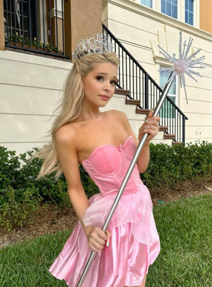 Cute Pink Satin Tulle A Line Short Homecoming Dress,Strapless Mini Prom Dress SP3291