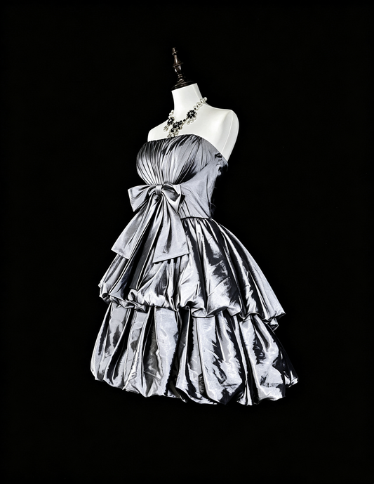 Fashion Silver Satin Pleated A Line Short 6th Grade Homecoming Dress,Strapless Mini Prom Dress SP3397