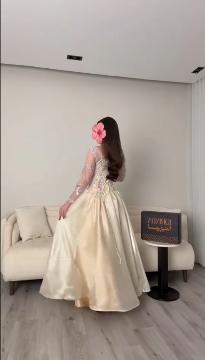 Classy Light Champagne Tulle Beaded Floral A Line Long Wedding Guest Dress Formal Evening Dress Birthday Dress SP2269